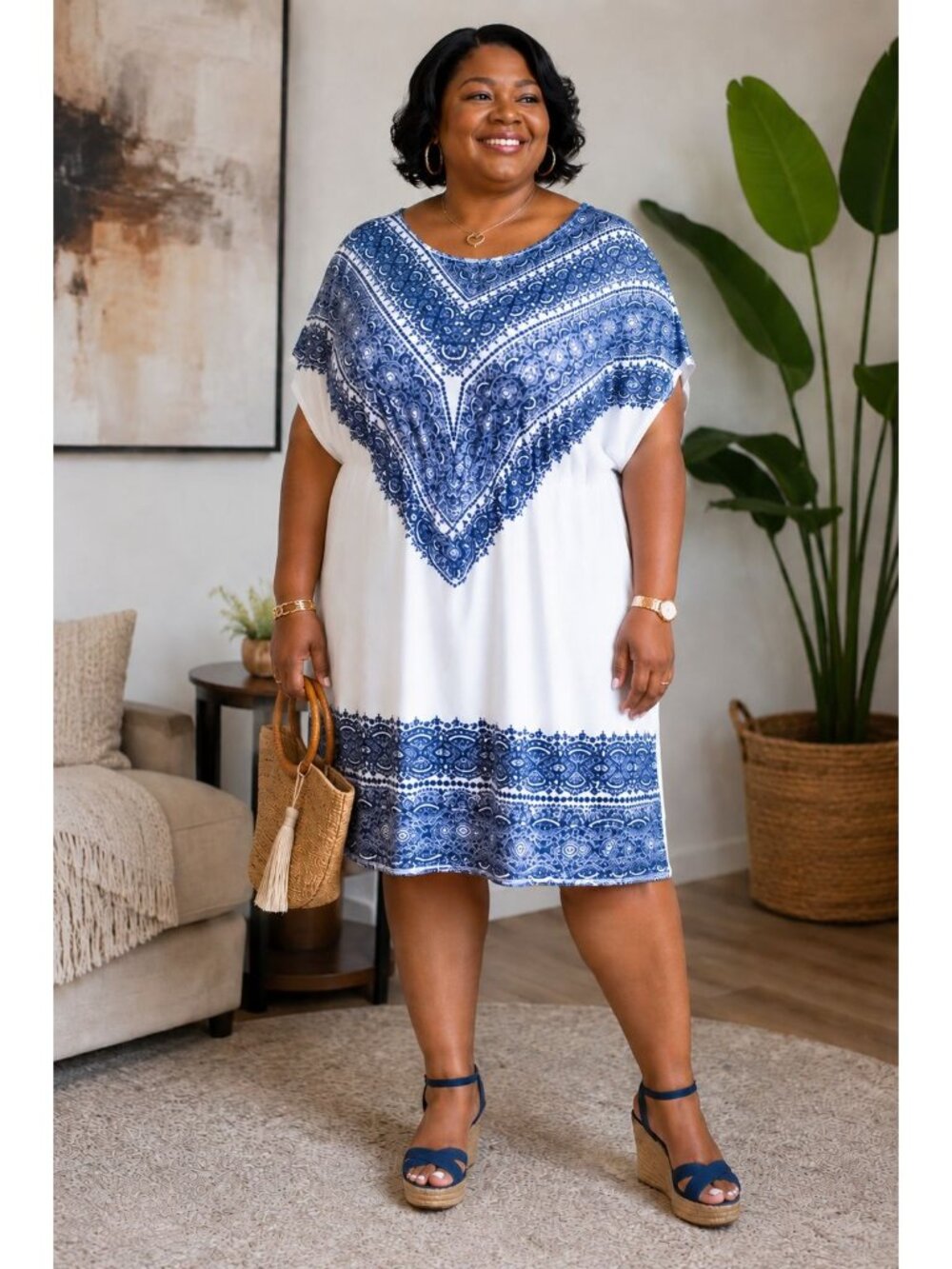 5th & Love Size Large Caftan Dress Blue White Bohemian Print Tie Waist Belt - Picture 8 of 8